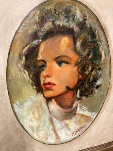 Pintura a óleo sobre cartão em moldura lacada "Rosto de Mulher" P. Salatini anos 50, medidas 63 x 64